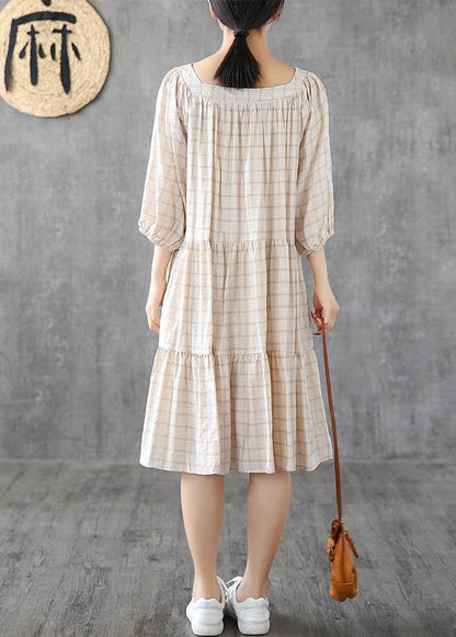 Organic Square Collar Patchwork Linen Cotton Clothes Linen Beige Plaid Dresses