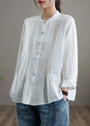 Organic White-flower Linen Shirt Tunics Ramie Blouse