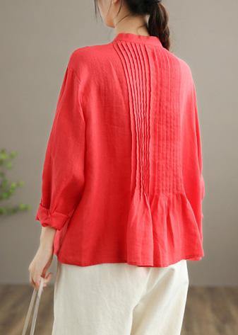 Organic White-flower Linen Shirt Tunics Women Ramie Blouse