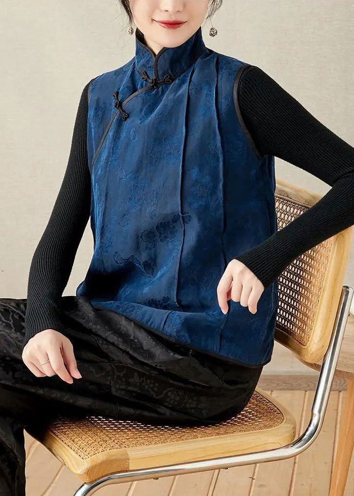 Organic Stand Collar Embroideried Button Silk Waistcoat Spring
