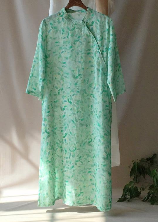 Organic Stand Collar Pockets Tunics Work Outfits Green Leaves Robe Dress