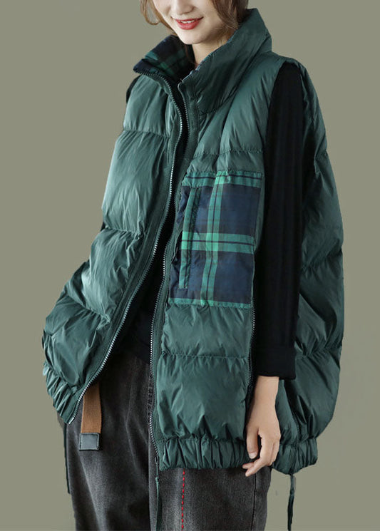 Organic Tea Green Stand Collar Zippered Thick Winter Tops Sleeveless Vest