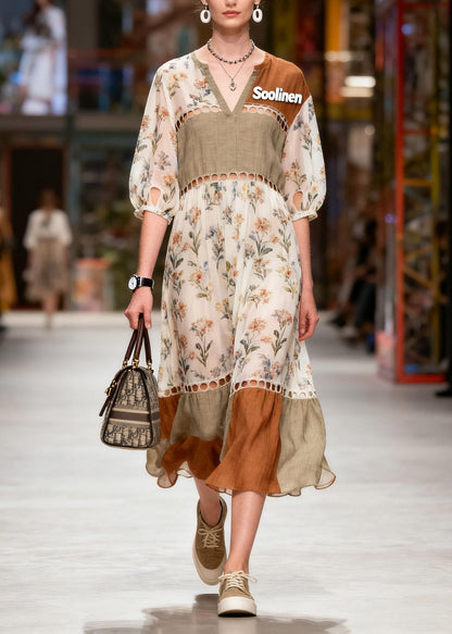 Organic V Neck Print Vacation Long Dresses Lanter Sleeve