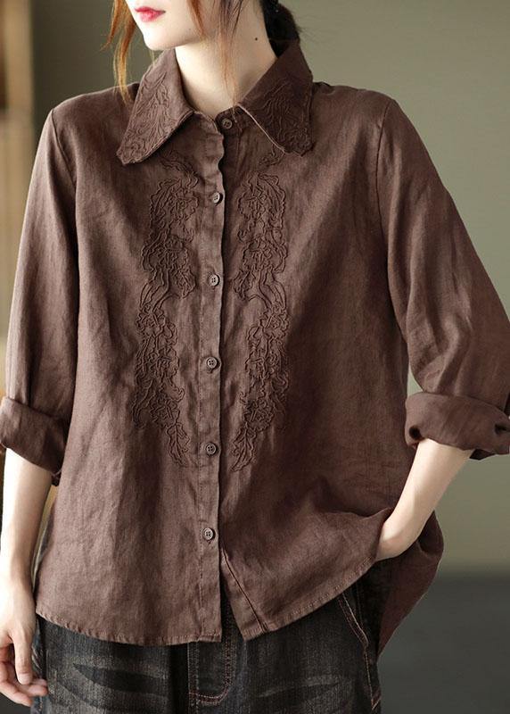 Organic White Loose Embroideried Fall Linen Long Sleeve Blouse Tops