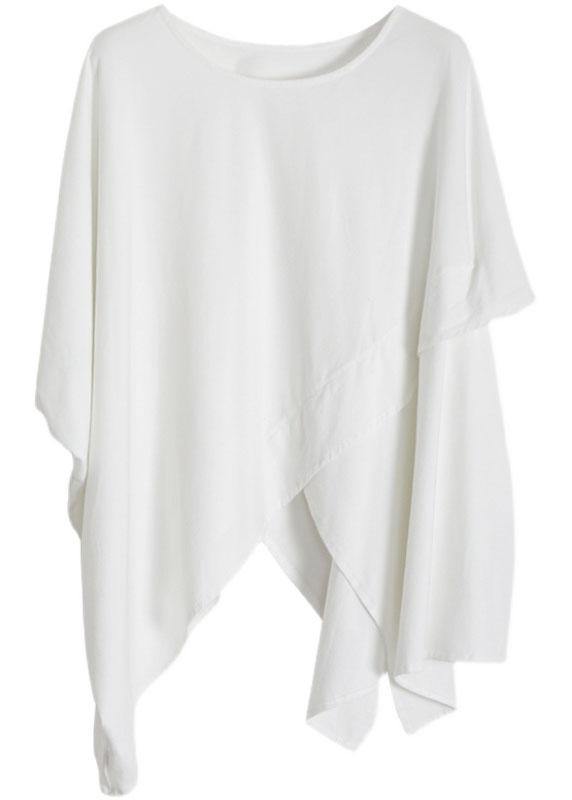 Organic White O Neck Asymmetric Cotton Tops