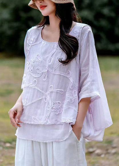 Organic White O-neck Embroidered Fake Two-piece Linen Top Summer