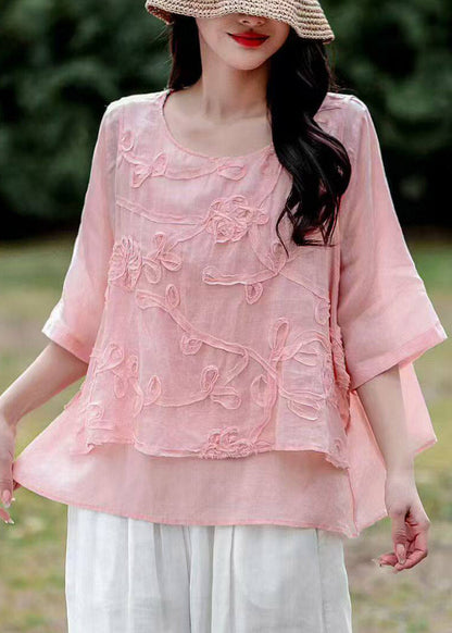Organic White O-neck Embroidered Fake Two-piece Linen Top Summer