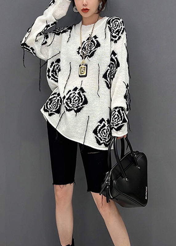 Organic White O-neck Print Knit Sweater Fall