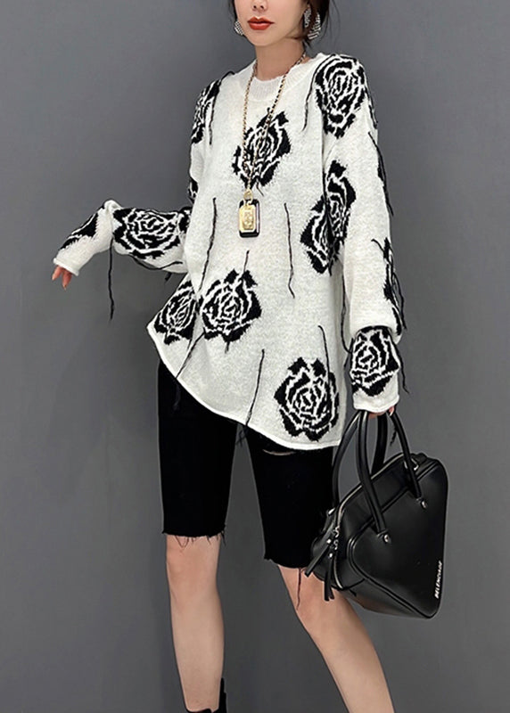 Organic White O-neck Print Knit Sweater Fall