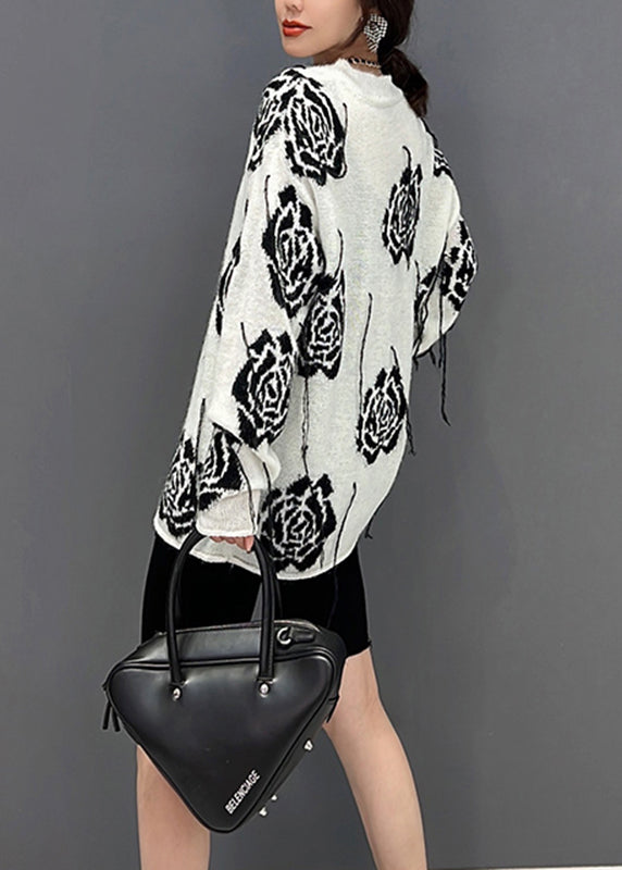 Organic White O-neck Print Knit Sweater Fall