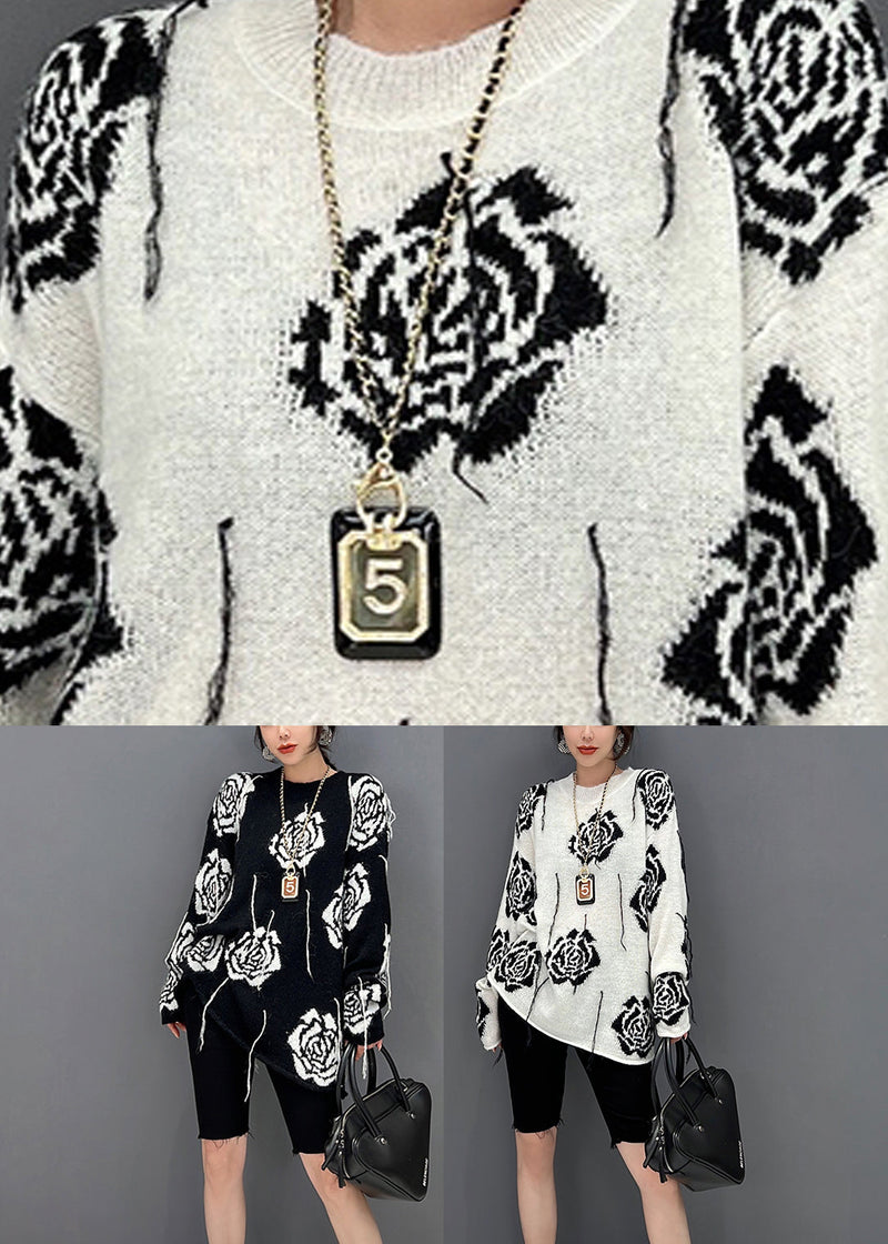 Organic White O-neck Print Knit Sweater Fall