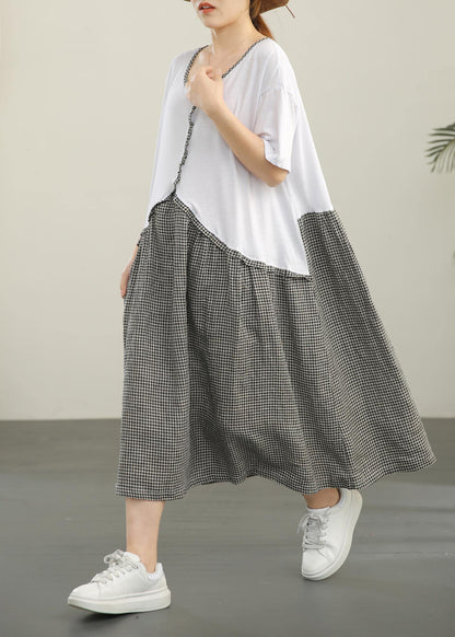 Organic White Patchwork Plaid Cotton Linen Holiday Dress Summer