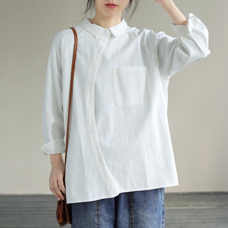 Organic White Tops Blouses Lapel Pockets Loose Spring Blouses