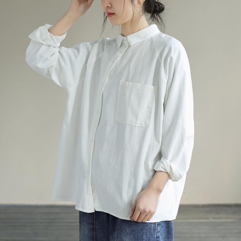 Organic White Tops Women Blouses Lapel Pockets Loose Spring Blouses