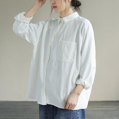 Organic White Tops Women Blouses Lapel Pockets Loose Spring Blouses