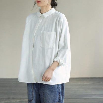 Organic White Tops Women Blouses Lapel Pockets Loose Spring Blouses