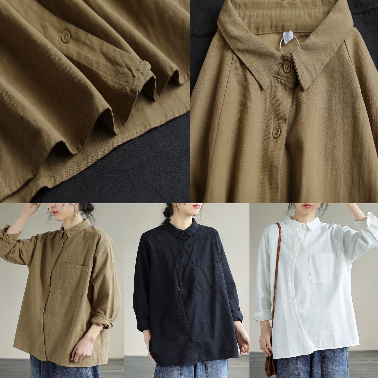 Organic White Tops Women Blouses Lapel Pockets Loose Spring Blouses