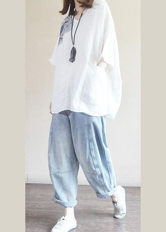 Organic White V Neck Print Asymmetrical Design Fall Half Sleeve Shirt Tops
