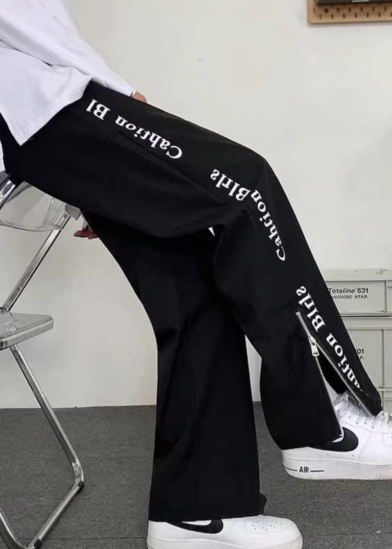 Organic White Zip Up Pockets Graphic Cotton Pants Fall