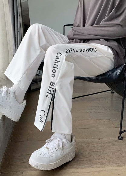 Organic White Zip Up Pockets Graphic Cotton Pants Fall