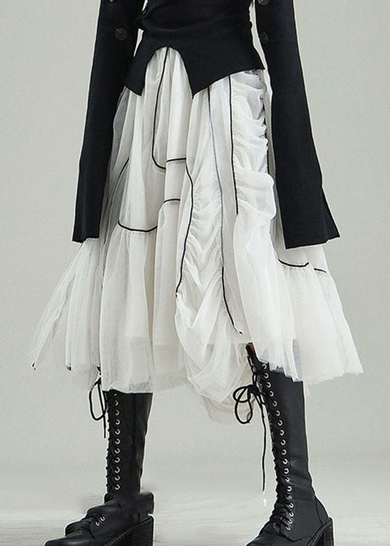 Organic White Wrinkled Asymmetrical Design Tulle Skirts Spring