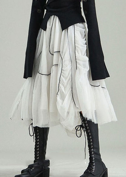 Organic White Wrinkled Asymmetrical Design Tulle Skirts Spring
