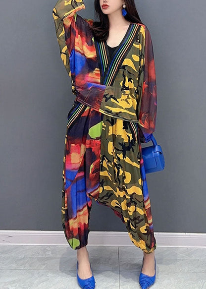 Organic Yellow Camouflage V Neck Asymmetrical Print Top and Harem Pants Two Piece Set Fall