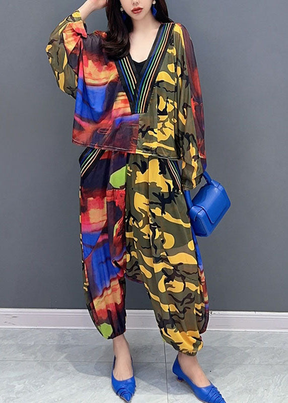 Organic Yellow Camouflage V Neck Asymmetrical Print Top and Harem Pants Two Piece Set Fall