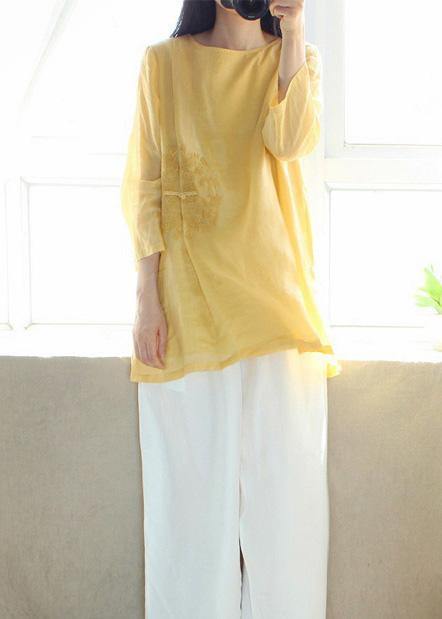Organic Yellow Embroidery Tunic O Neck Sleeveless Art Shirts