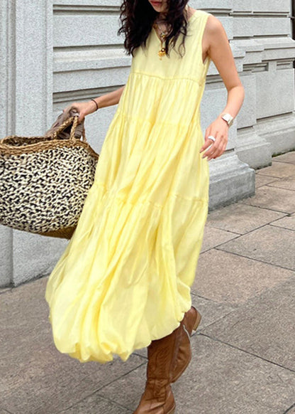 Organic Yellow O-nec Patchwork Long Holiday Dress Sleeveless