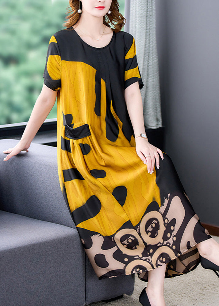 Organic Yellow O-neck Print Silk Long Dresses Summer