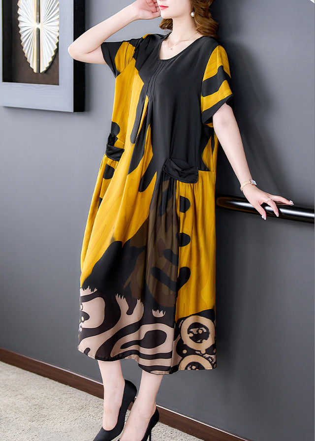 Organic Yellow O-neck Print Silk Long Dresses Summer