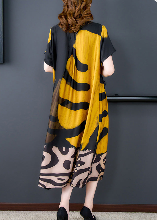 Organic Yellow O-neck Print Silk Long Dresses Summer