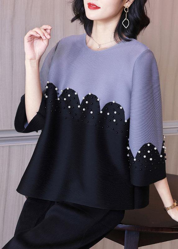 Organic Pink Pearl Beads Shirt Top Short Sleeve Blouse