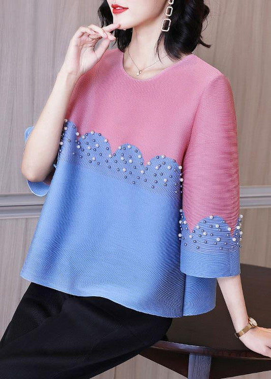 Organic Pink Pearl Beads Shirt Top Short Sleeve Blouse
