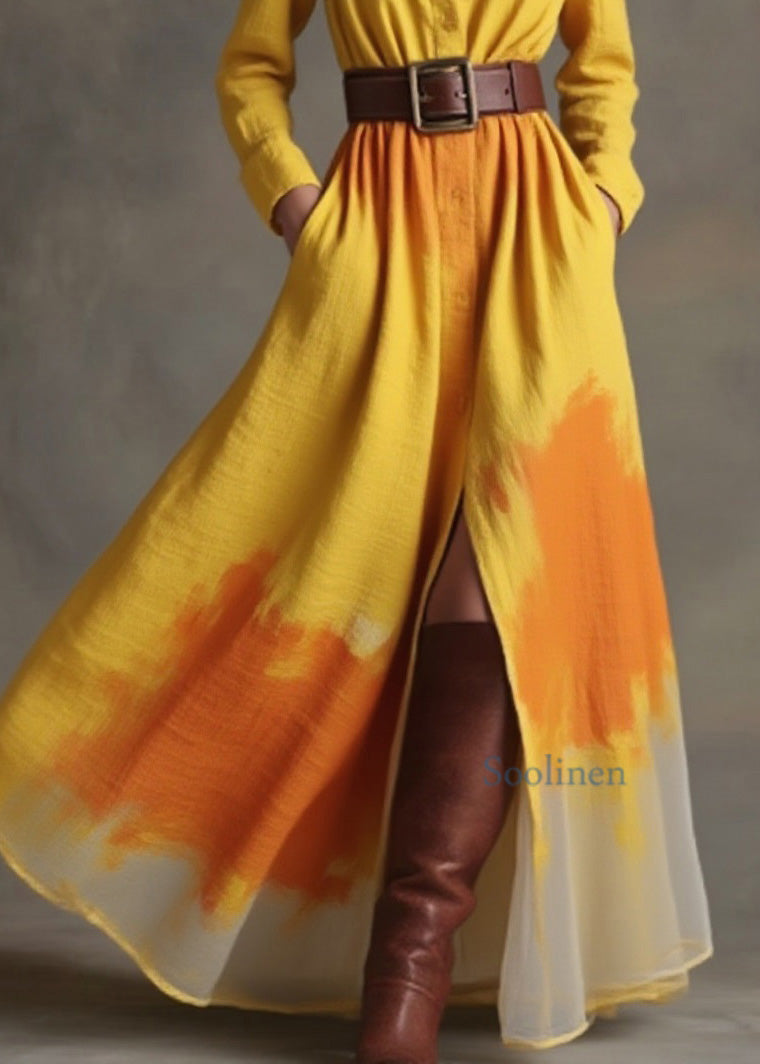 Organic Yellow Peter Pan Collar Print Cotton Ankle Dress Spring