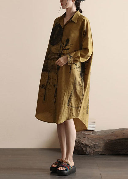 Organic Yellow Peter Pan Collar Print Patchwork Cotton Shirts Dress Spring