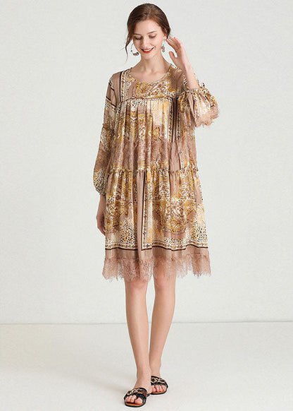Organic Yellow Print Patchwork Lace Mid Dress Fall Chiffon Dress