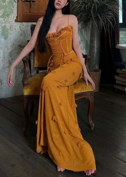 Organic Yellow Ruffled Tulle Patchwork Maxi Vestidos Sleeveless