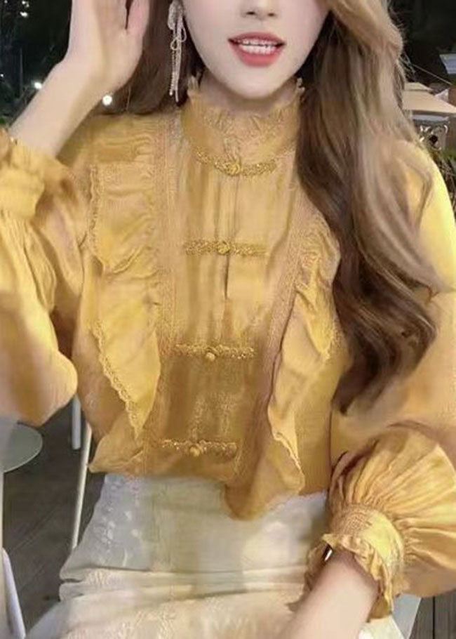 Organic Yellow Stand Collar Button Ruffled Tops Lantern Sleeve