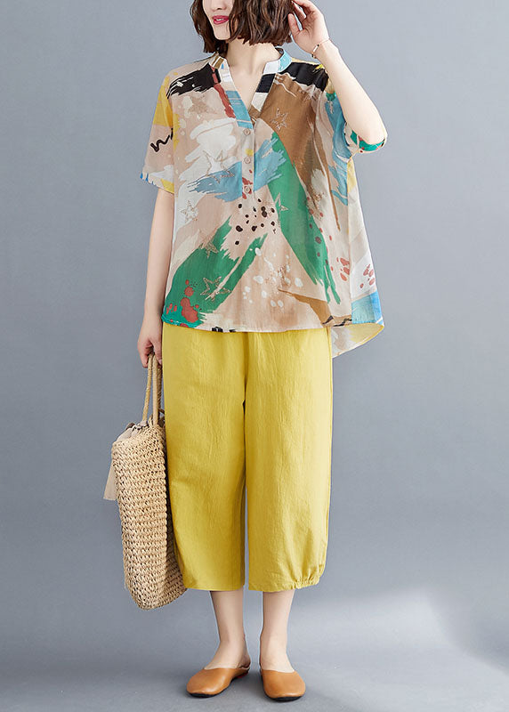Organic Yellow V Neck Print Patchwork Tops and Pants Cotton Two Pieces Set Summer
