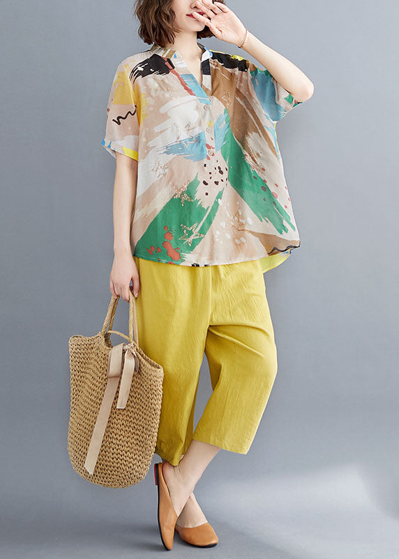 Organic Yellow V Neck Print Patchwork Tops and Pants Cotton Two Pieces Set Summer