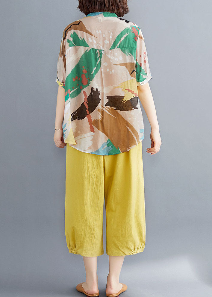 Organic Yellow V Neck Print Patchwork Tops and Pants Cotton Two Pieces Set Summer