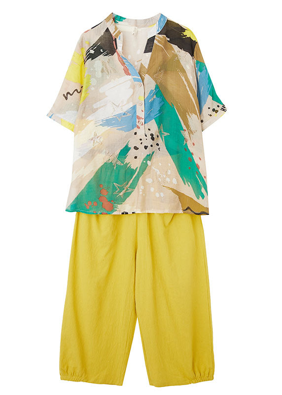 Organic Yellow V Neck Print Patchwork Tops and Pants Cotton Two Pieces Set Summer