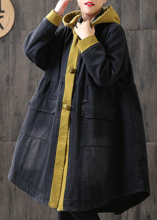 Organic Yellow Hooded Button Pockets Patchwork Winter Cotton Long Sleeve Coat