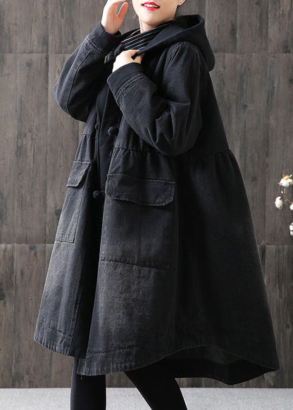 Organic Yellow Hooded Button Pockets Patchwork Winter Cotton Long Sleeve Coat