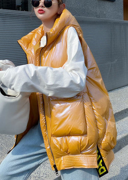 Organic Yellow Hooded Zippered Low High Design Winter Sleeveless Puffer Vest
