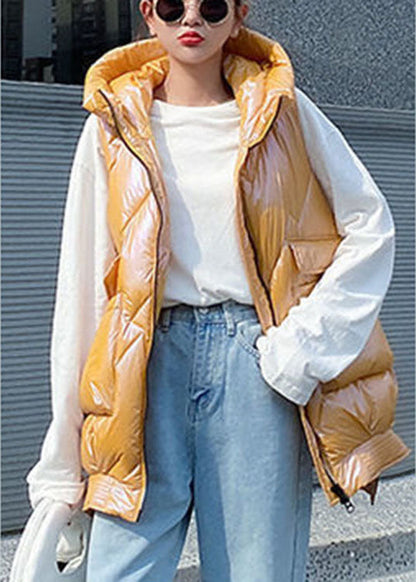 Organic Yellow Hooded Zippered Low High Design Winter Sleeveless Puffer Vest