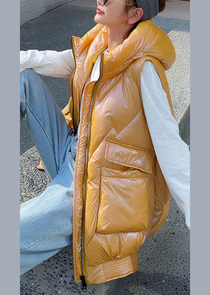 Organic Yellow Hooded Zippered Low High Design Winter Sleeveless Puffer Vest