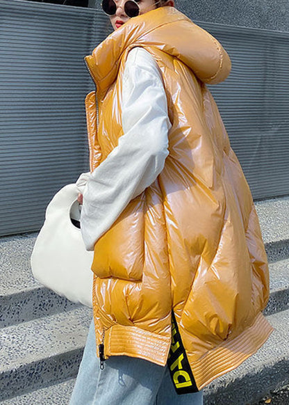 Organic Yellow Hooded Zippered Low High Design Winter Sleeveless Puffer Vest